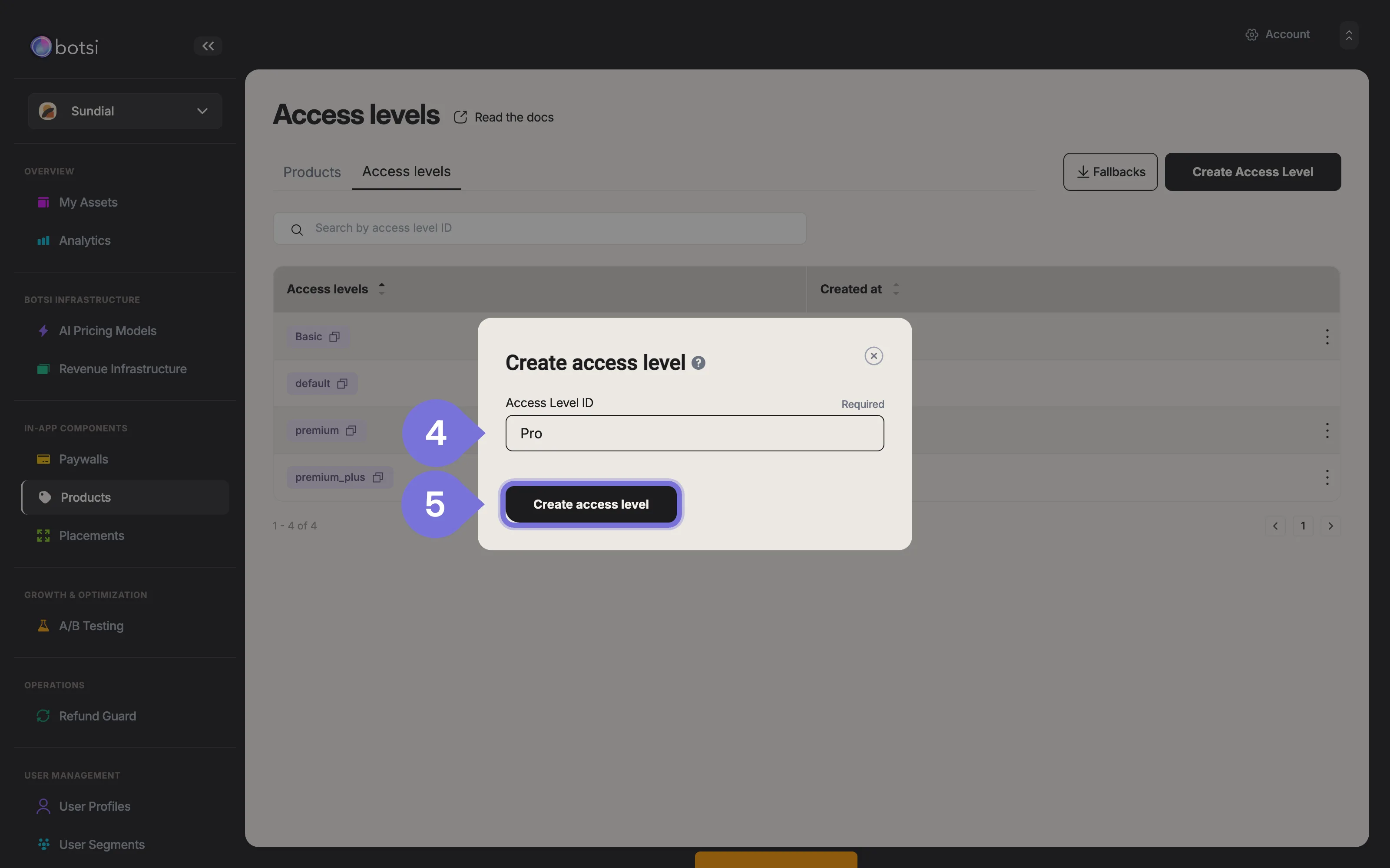 Botsi dashboard: entering an ID in the Create access level dialog