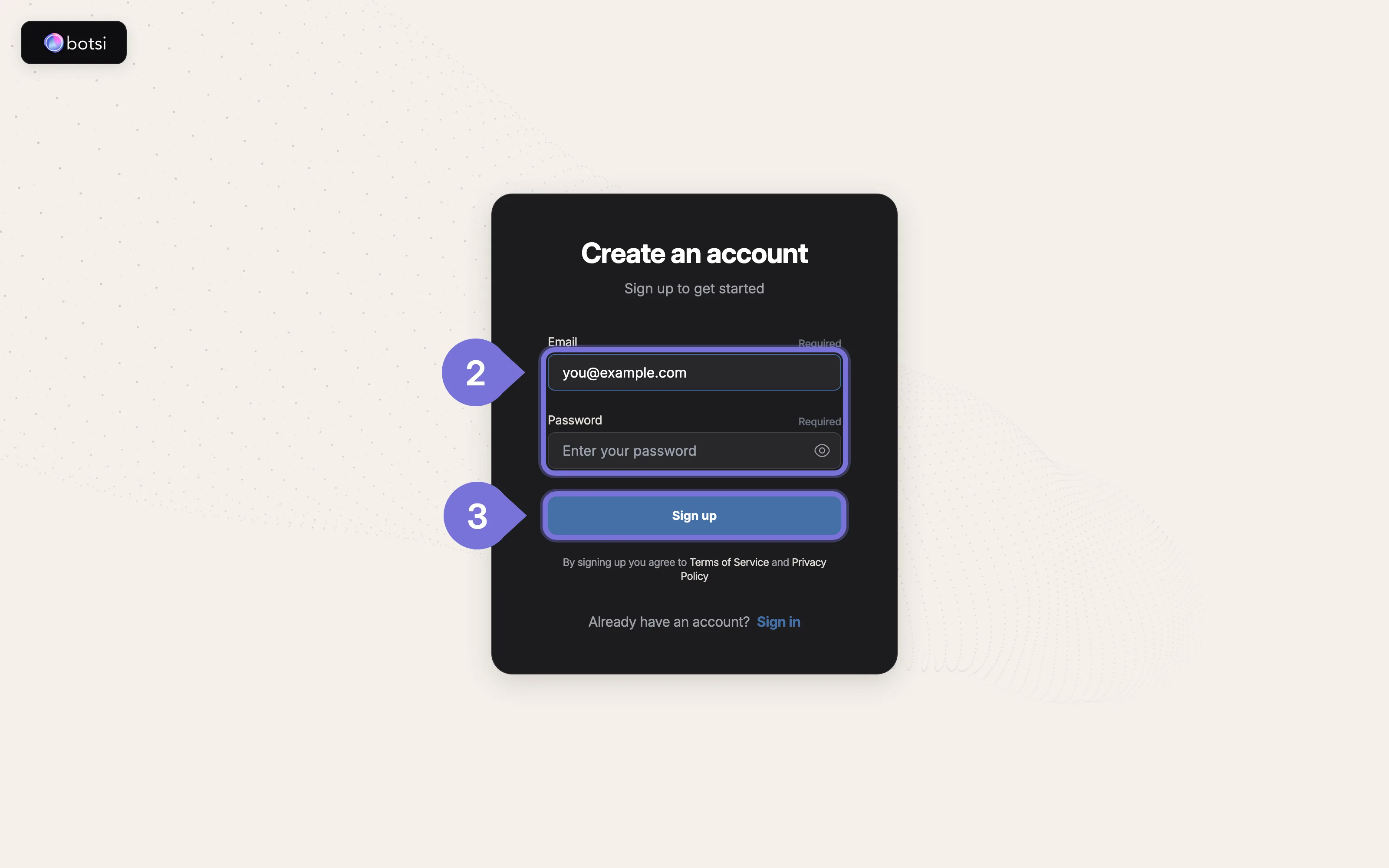 Botsi sign-up page with Email and Password fields and the Sign up button