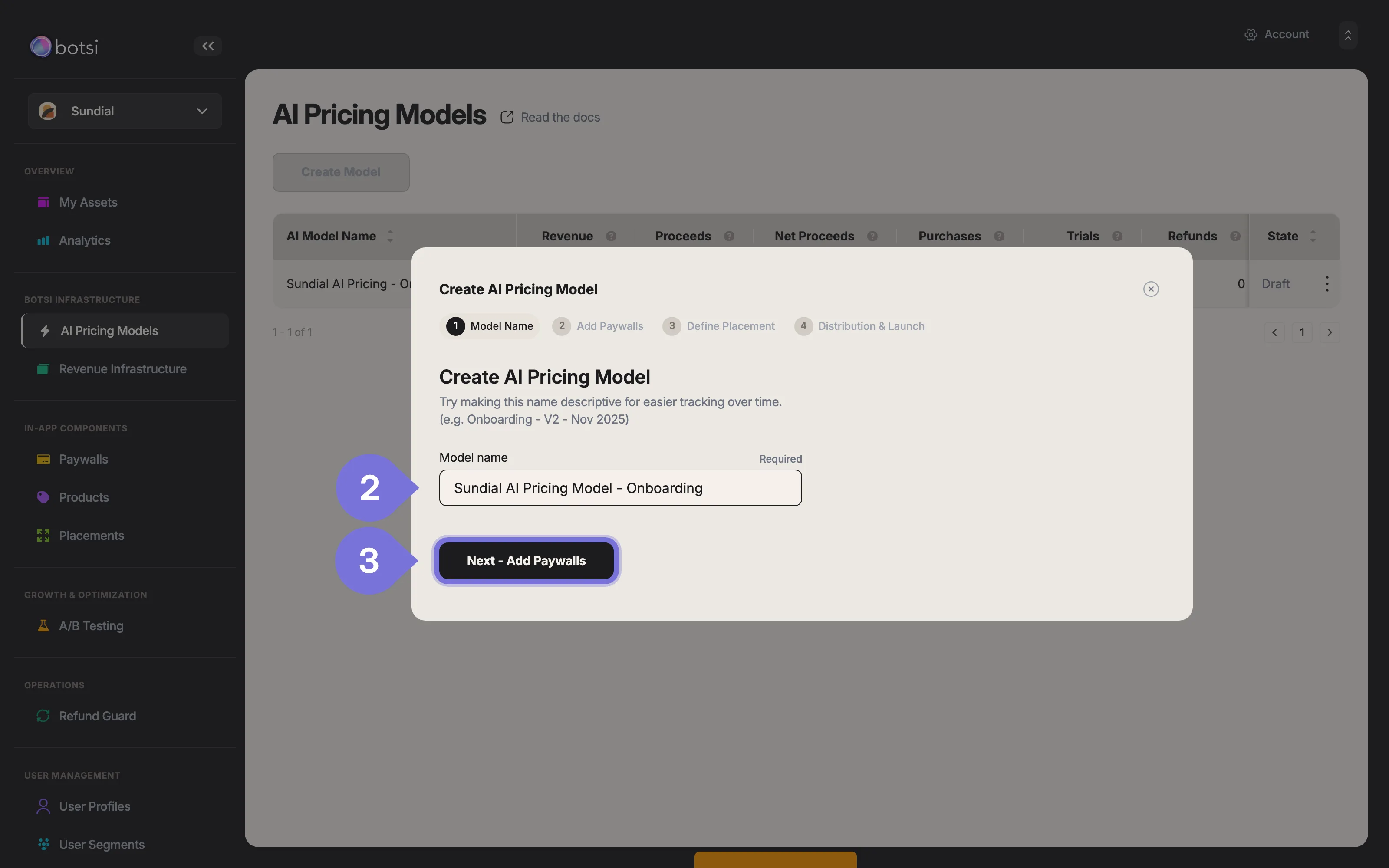 Screenshot of the 'Create AI Pricing Model' form, focused on Step 1: Model Name. The user is typing a name into the model name field.