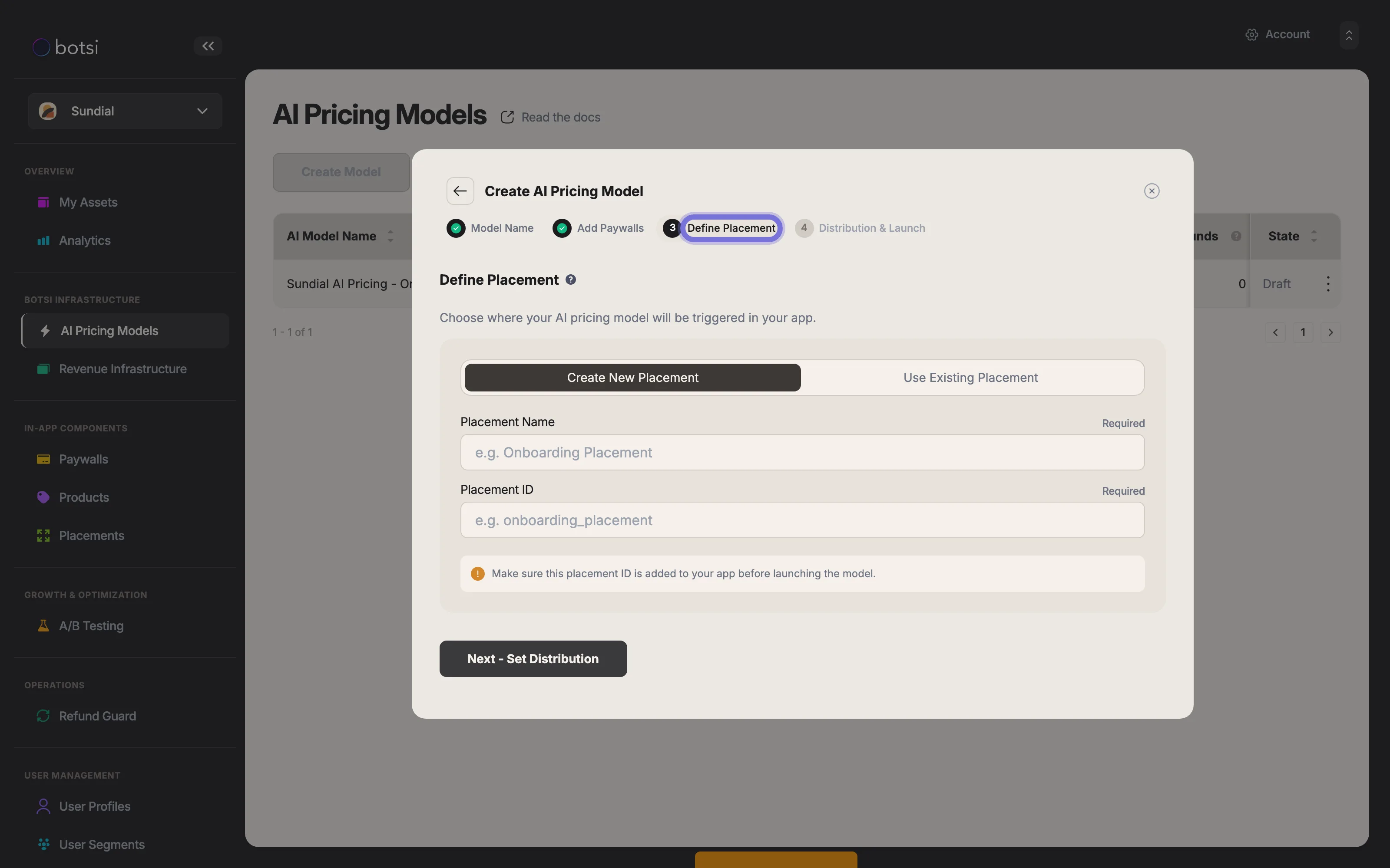 Screenshot of Step 3: Define Placement. The Create New Placement option is selected with Placement Name and Placement ID fields, alongside a toggle to use an existing placement.