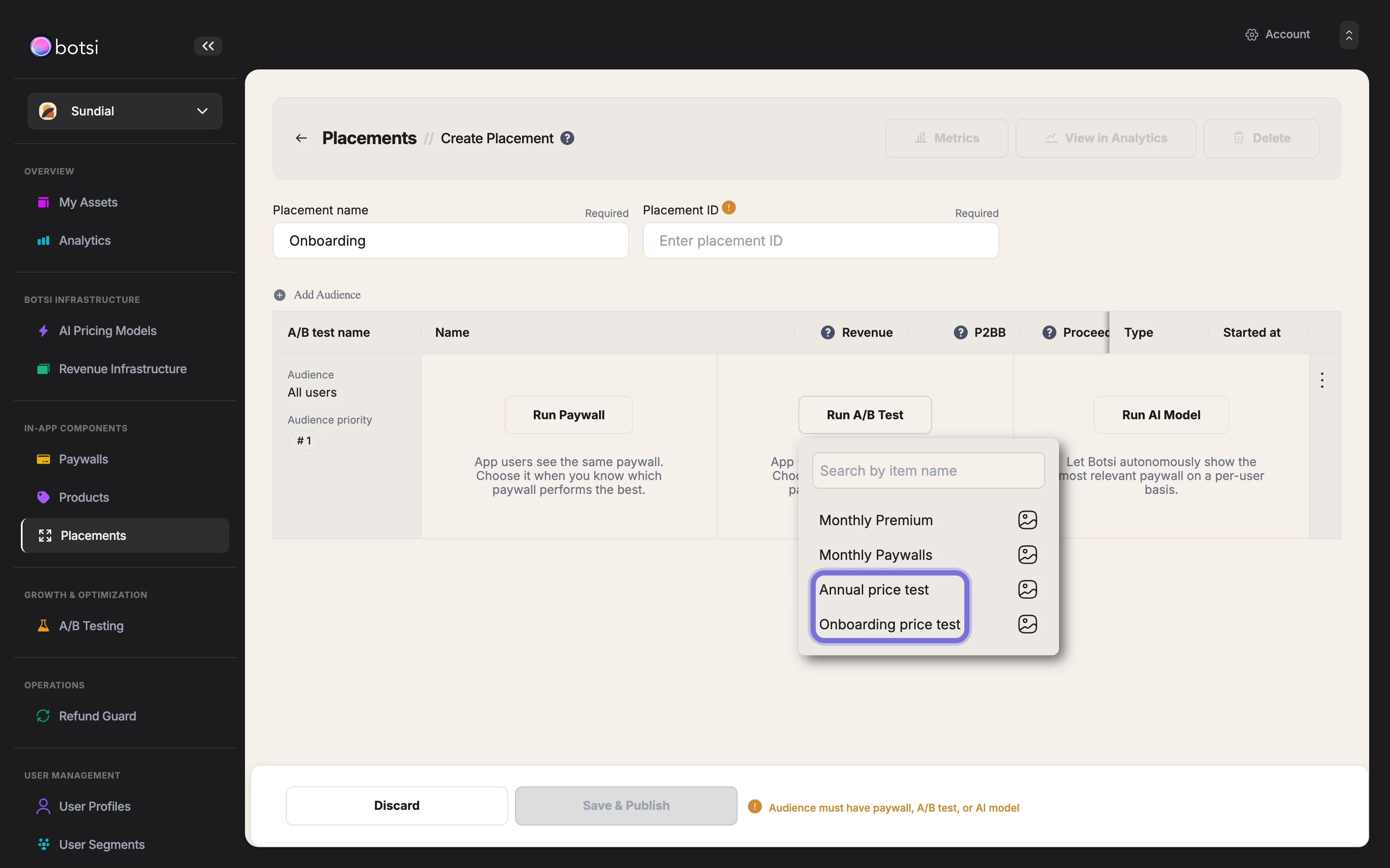 Botsi dashboard: selecting an existing A/B test from the Run A/B Test picker in a placement