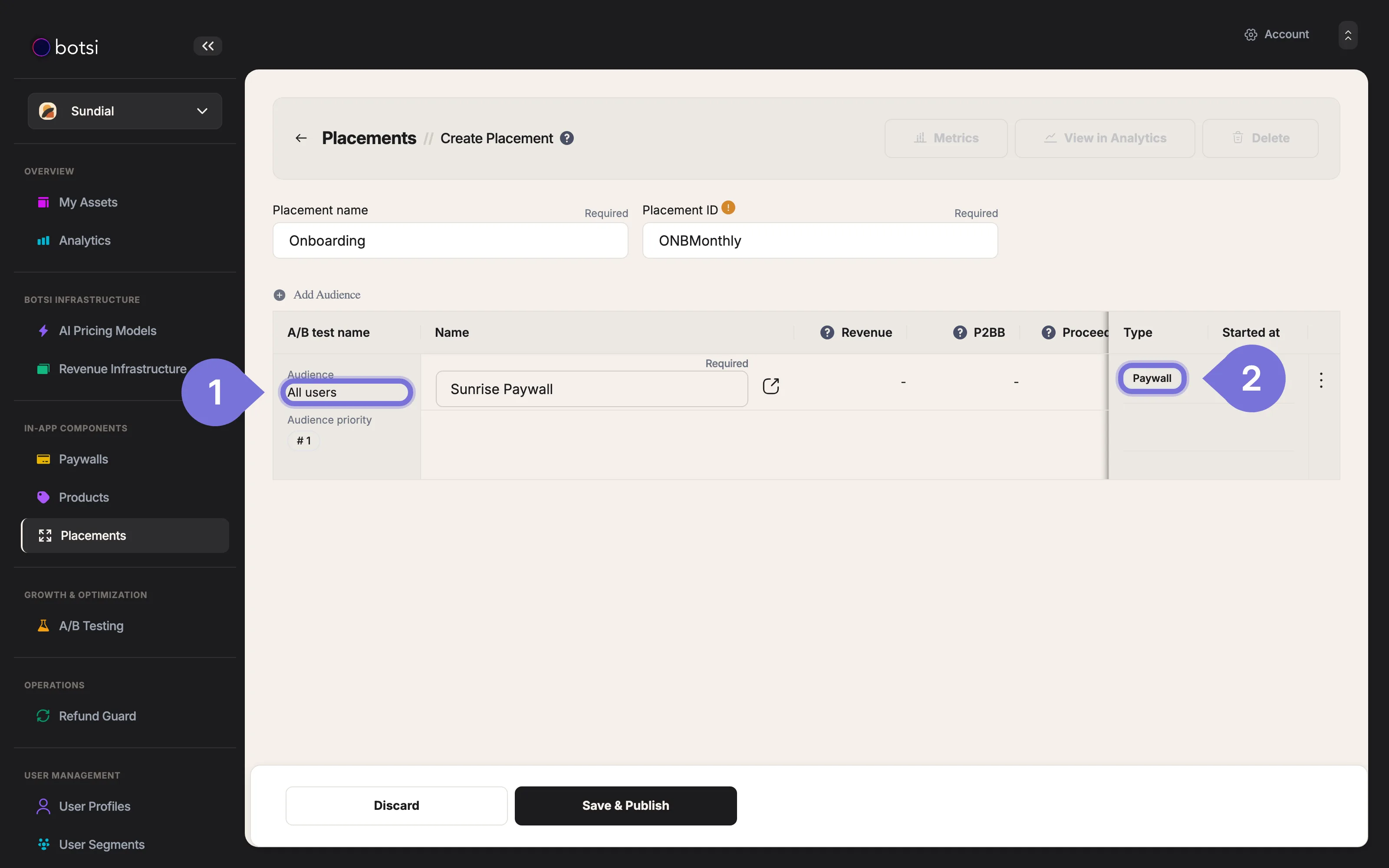 Botsi dashboard: a placement audience with a paywall assigned, showing the Paywall run mode selected