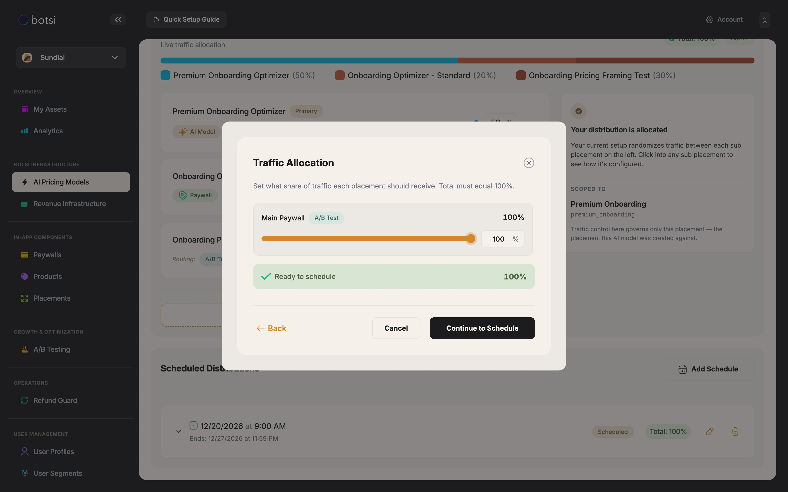 Screenshot of step 2 of the Add Scheduled Distribution dialog, titled Traffic Allocation, showing a slider paired with a number input for the selected placement and a status bar reading Total must equal 100%.